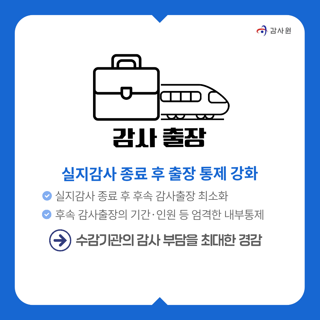 감사 출장
실지감사 종료 후 출장 통제 강화
﻿﻿실지감사 종료 후 후속 감사출 최소화
﻿﻿후속 감사출장의 기간• 인원 등 엄격한 내부통제
》 수감기관의 감사 부담을 최대한 경감