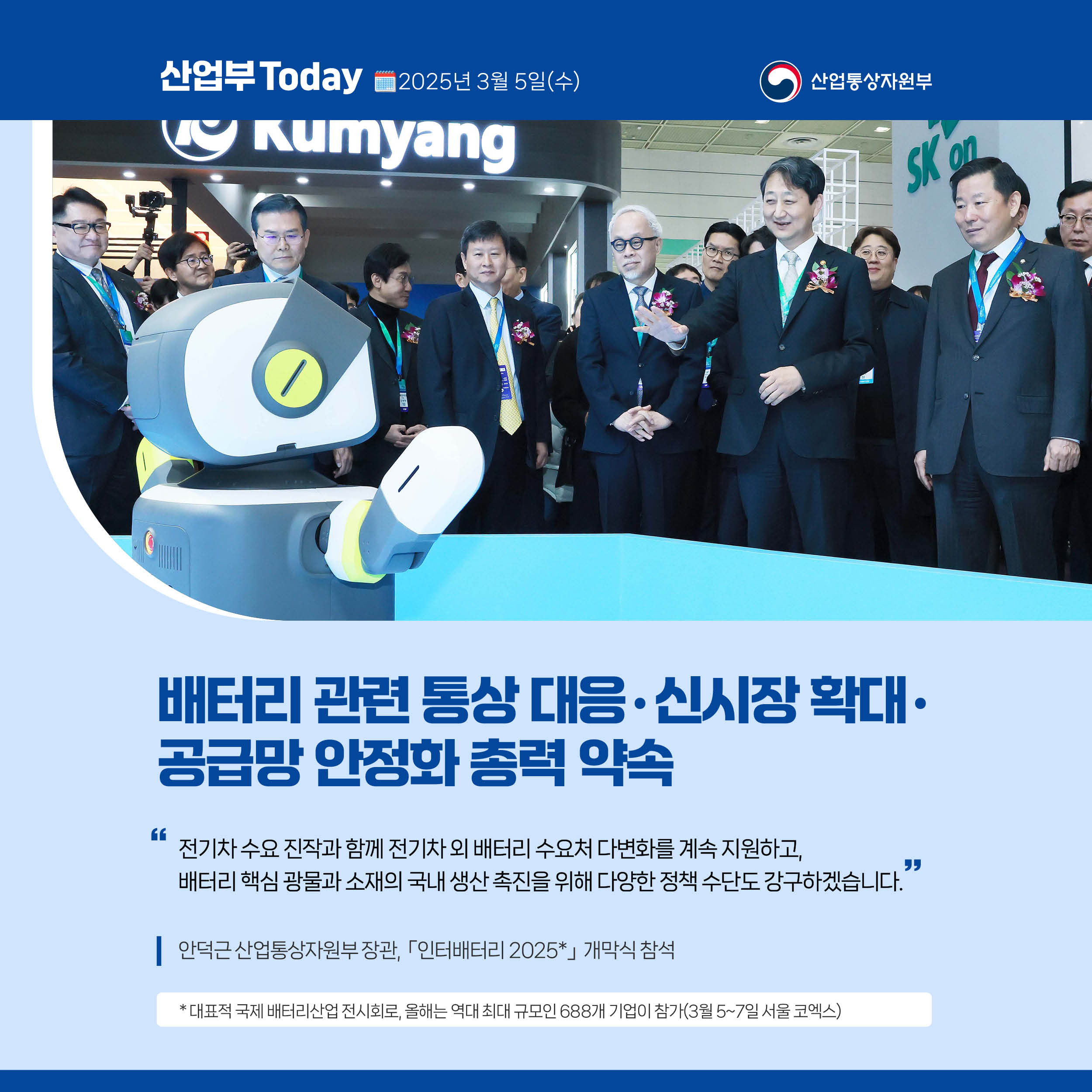 산업부 Today 2025년 3월 5일(수) 산업통상자원부

배터리 관련 통상 대응·신시장 확대·공급망 안정화 총력 약속

“전기차 수요 진작과 함께 전기차 외 배터리 수요처 다변화를 계속 지원하고, 배터리 핵심 광물과 소재의 국내 생산 촉진을 위해 다양한 정책 수단도 강구하겠습니다.”

안덕근 산업통상자원부 장관, 「인터배터리 2025*」 개막식 참석

* 대표적 국제 배터리산업 전시회(3월 5~7일 서울 코엑스)로, 올해는 역대 최대 규모인 688개 기업이 참가