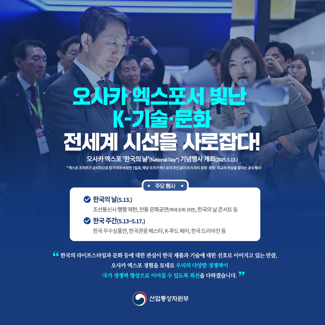 오사카 엑스포서 빛난 K-기술·문화 전세계 시선을 사로잡다! 

오사카 엑스포 ‘한국의 날’(National Day*) 기념행사 개최(2025.5.13.)

* 엑스포 조직위가 공식적으로 참가국에 배정한 1일로, 해당 국가가 엑스포의 주인공이 돼 자국의 경제·문화·외교적 위상을 알리는 공식 행사

√ 한국의 날(5.13.)
- 조선통신사 행렬 재현, 전통 문화공연(백제 문화 관련), 한국의 날 콘서트 등

√ 한국 주간(5.13~5.17.)
- 한국 우수상품전, 한국관광 페스타, K-푸드 페어, 한국 드라마전 등

“한국의 라이프스타일과 문화 등에 대한 관심이 한국 제품과 기술에 대한 선호로 이어지고 있는 만큼, 오사카 엑스포 경험을 토대로 우리의 다양한 경쟁력이 국가 경쟁력 향상으로 이어질 수 있도록 최선을 다하겠습니다.”
산업통상자원부 