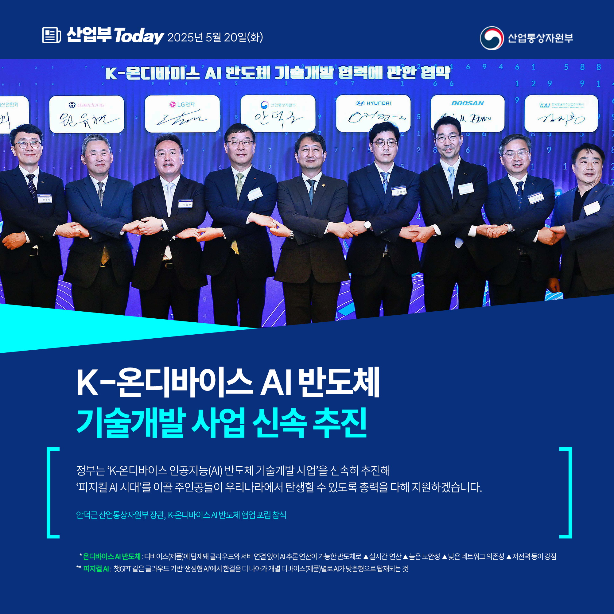 산업부 Today 2025년 5월 20일(화) 산업통상자원부

K-온디바이스 AI 반도체
기술개발 사업 신속 추진

“정부는 'K-온디바이스 인공지능(AI) 반도체 기술개발 사업'을 신속히 추진해 ‘피지컬 AI 시대’를 이끌 주인공들이 우리나라에서 탄생할 수 있도록 총력을 다해 지원하겠습니다.”

안덕근 산업통상자원부 장관, K-온디바이스 AI 반도체 협업 포럼 참석

* 온디바이스 AI 반도체: 디바이스(제품)에 탑재돼 클라우드와 서버 연결 없이 AI 추론 연산이 가능한 반도체로 ▲실시간 연산 ▲높은 보안성 ▲낮은 네트워크 의존성 ▲저전력 등이 강점

** 피지컬 AI: 챗GPT 같은 클라우드 기반 ‘생성형 AI’에서 한걸음 더 나아가 개별 디바이스(제품)별로 AI가 맞춤형으로 탑재되는 것
산업통상자원부